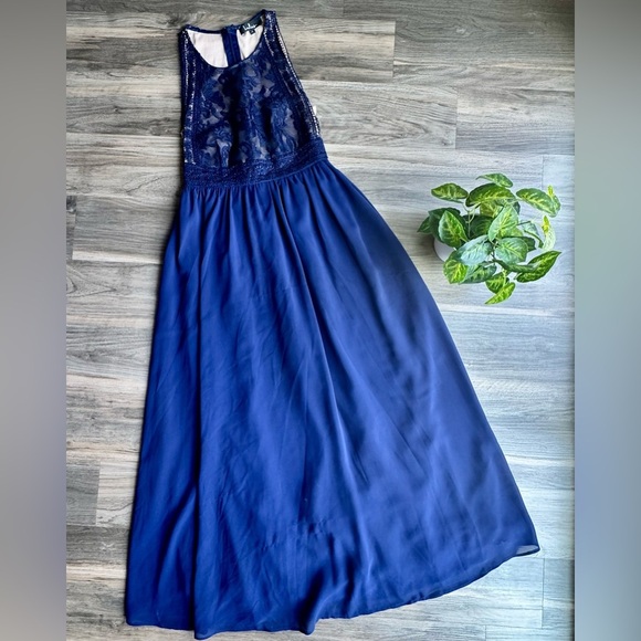 Lulus Forever and Always Navy Blue Lace Bodice Georgette Maxi Dress Size S - Picture 2 of 16